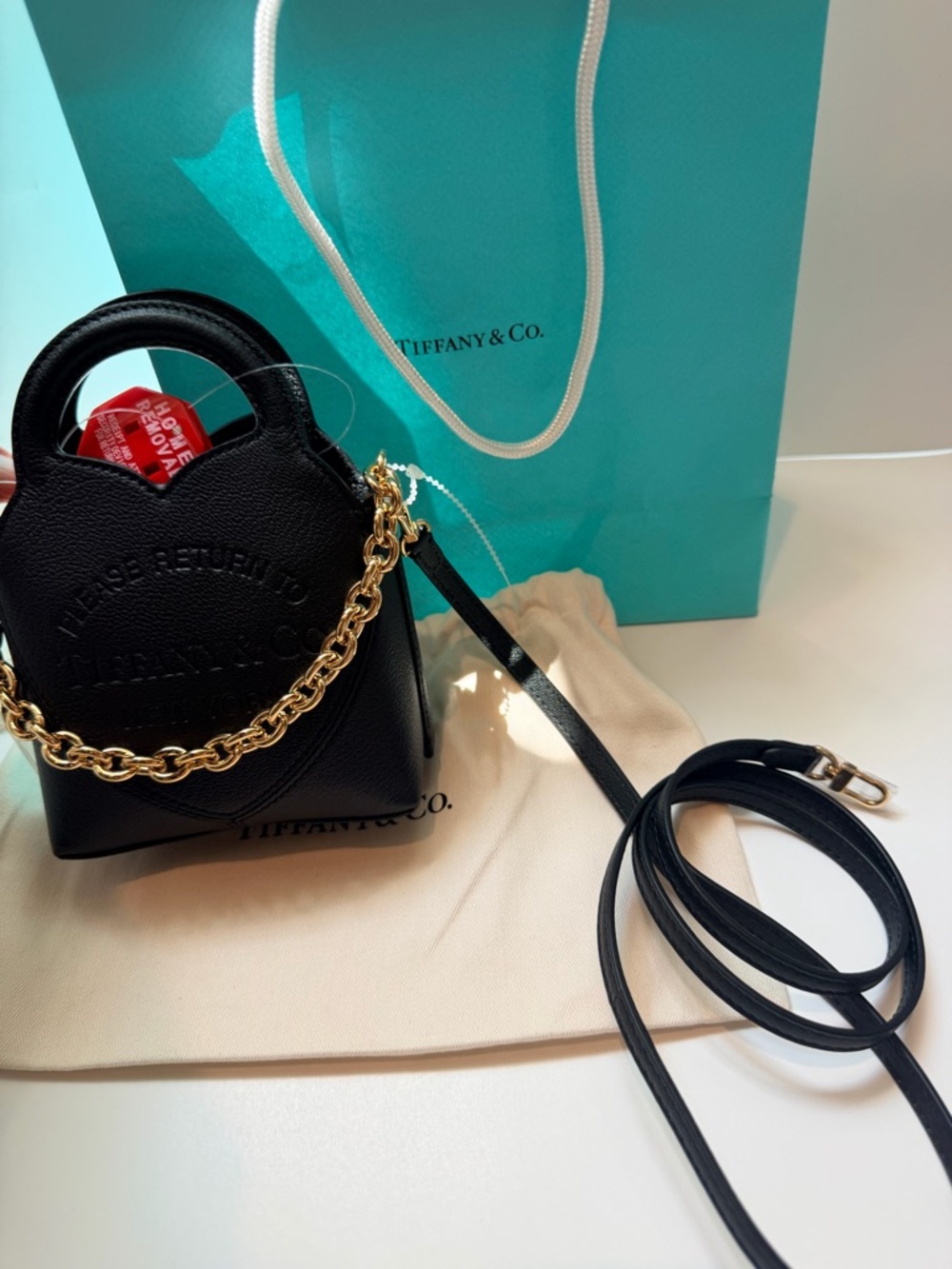 Tiffany & Co. Black Mini Leather Top-Handle Crossbody with Gold Chain